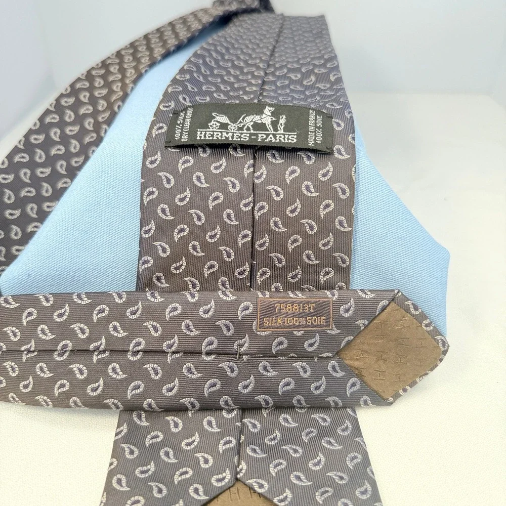 Hermes Vintage Brown and Cream Paisley 100% Silk Tie Pristine Circa 1990's